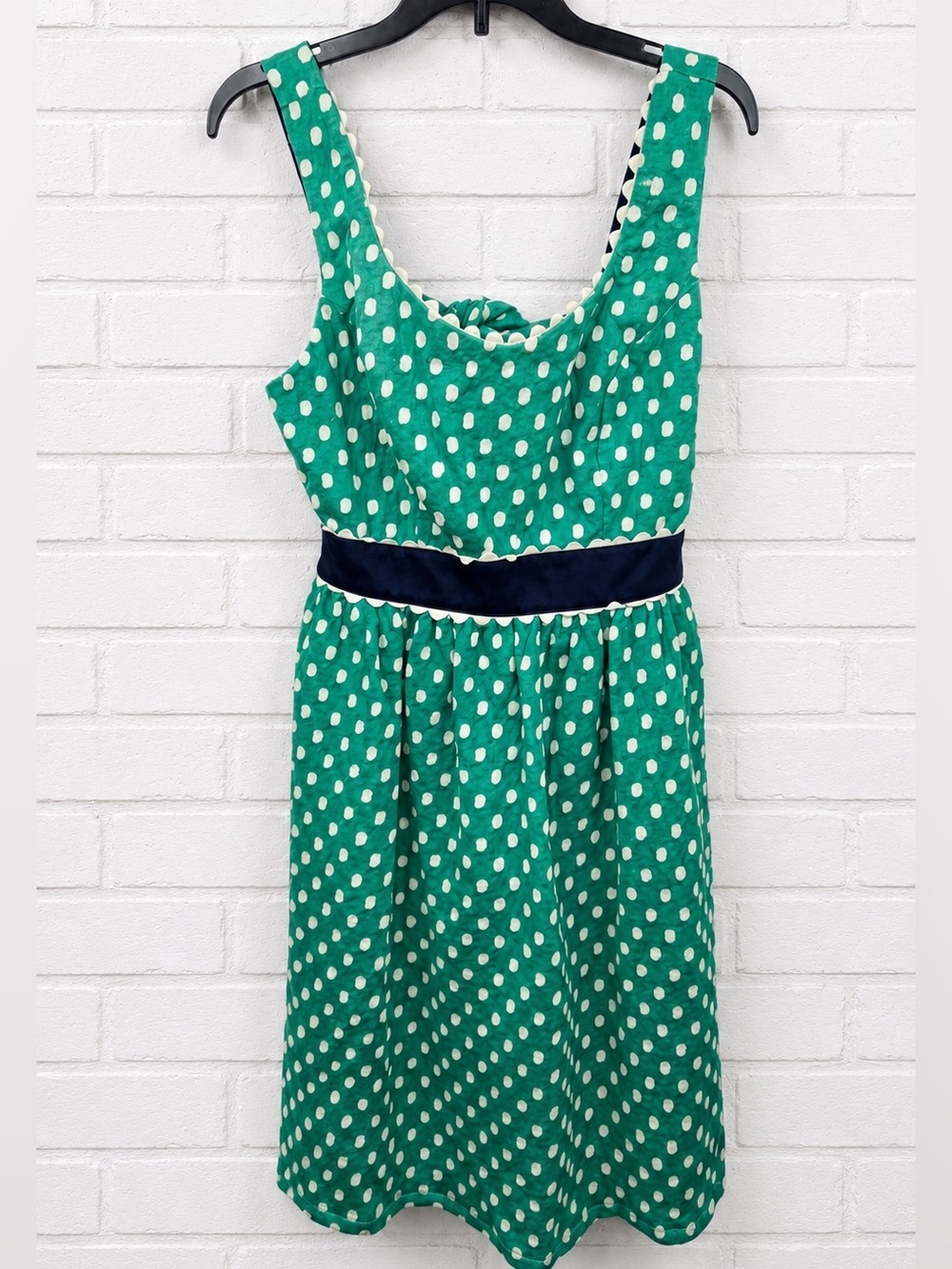 Judith March Dress Womens L Green White Polka Dot Fit & Flare Open Back Pockets